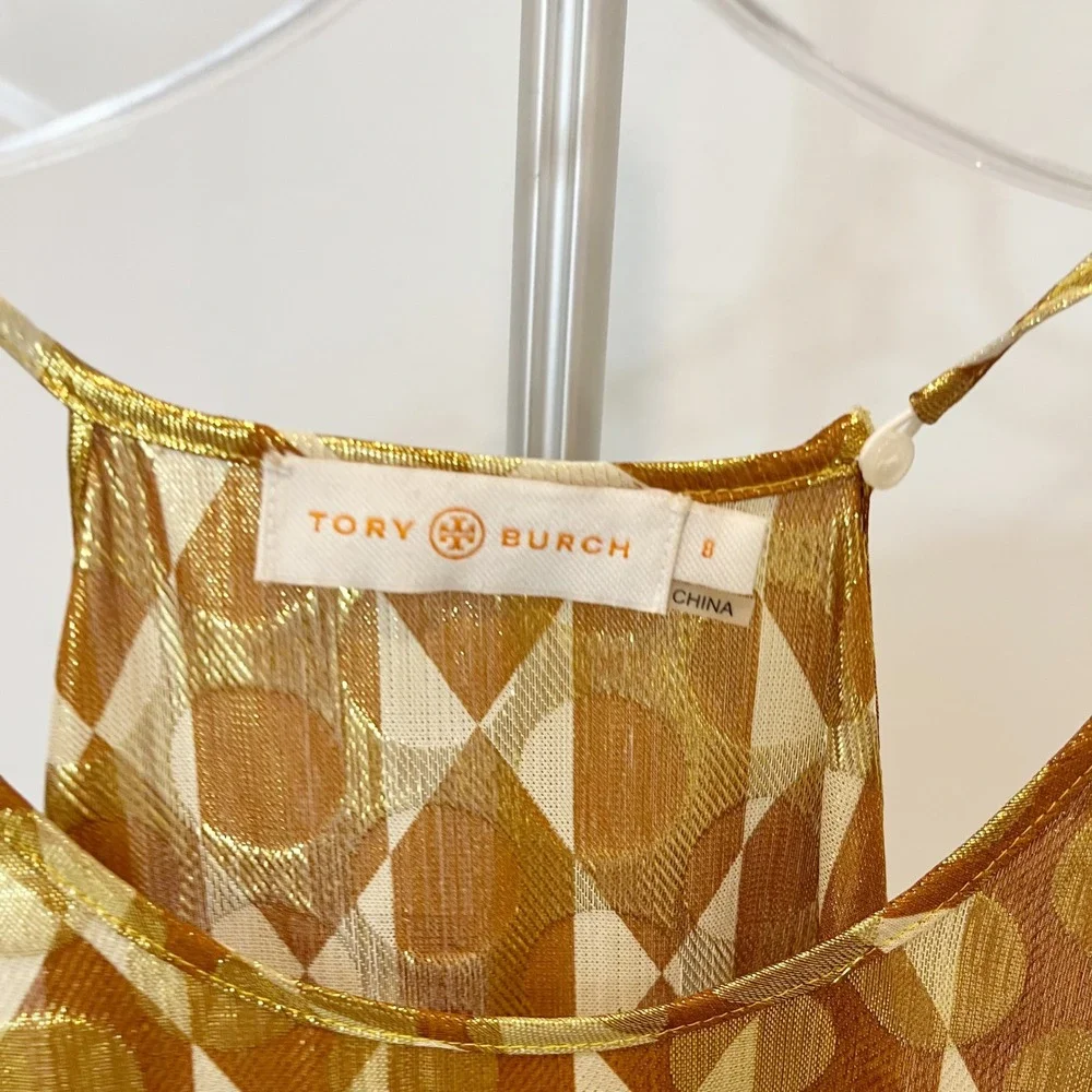 Tory Burch Gold Metallic Geometric Tassel Tank Top Size 8 Harlequin Lurex